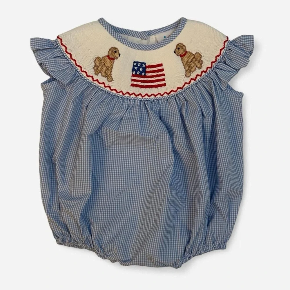 Smocked Blue Gingham Baby One-Piece with Flag & Puppy Embroidery